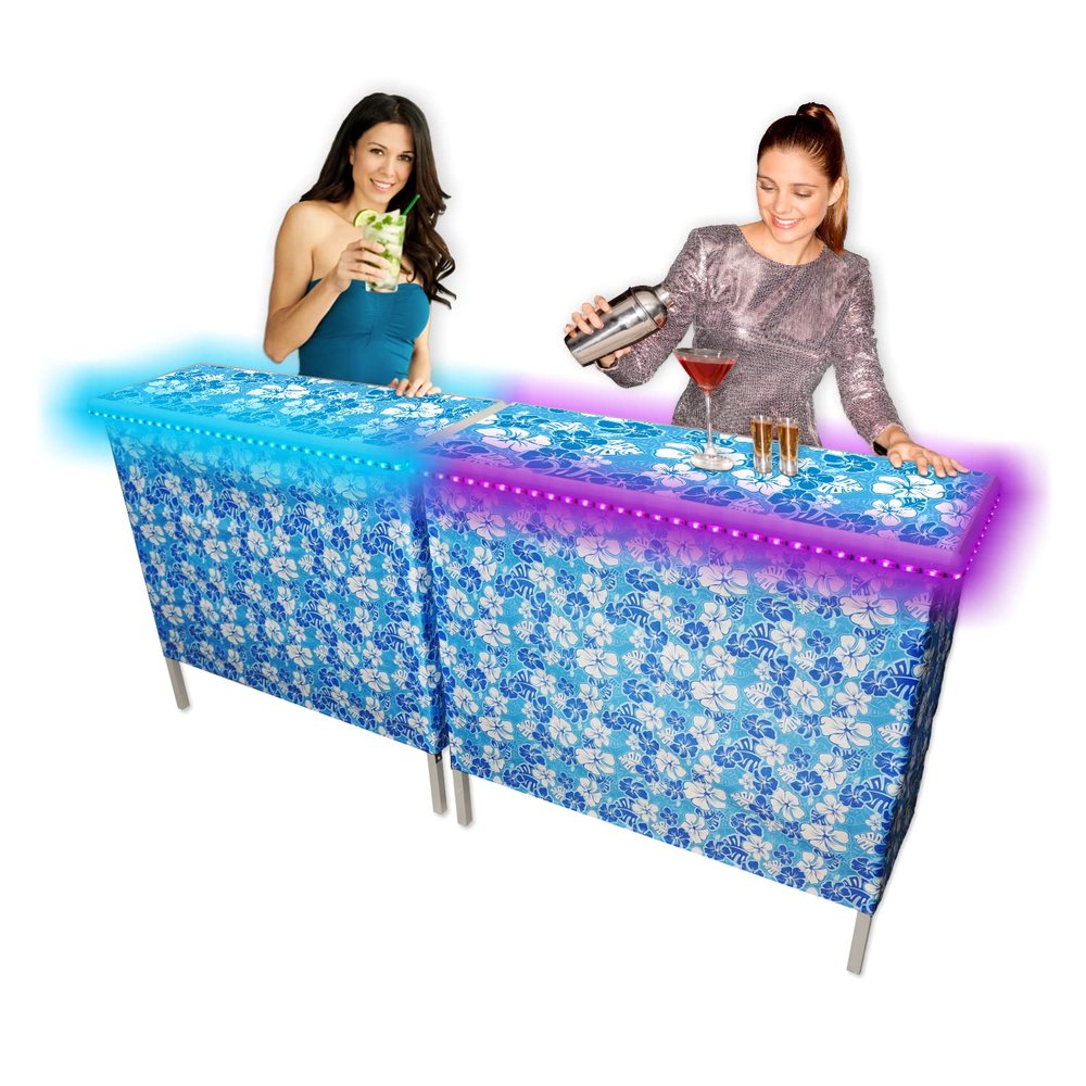PARTYPONG Hawaiian Folding Portable Party Bar w/Patented Multi-Color LED Lights, Black Skirt, and Storage Shelf - Avoid Illegal Chinese Counterfeits - Double Set