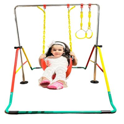 Gymnastics Bar for Kids Home Training Kip Bar 4 in 1 Set with Swing Seat, 2X Trapeze Rings | Expandable and Folding Horizontal Bar | Junior Gymnastic Equipment Monkey Bars Jungle Gym Playground Green