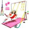 Gymnastics Training Bar for Kids Home Folding Expandable Kip Bar 5 in 1 Set + 6x2 Tumble Mat, Swing Seat, 2X Trapeze Rings, Horizontal Bar Junior Gymnastic Equipment Monkey Bars Jungle Gym Yellow view 1
