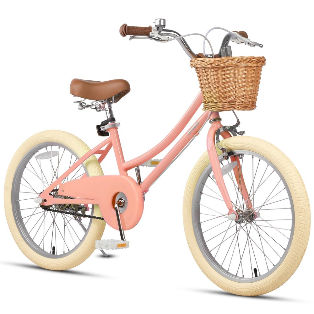 Petimini 20 Inch Girls Bike for Age 6 7 8 9 Years Old Big Kids Retro Vintage Style Bicycles with Basket Dual Hand Brake and Bell, Pach