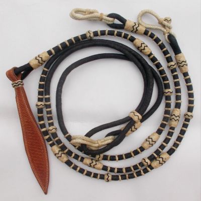 Black Rope with Natural Knots Raw Hide Leather Horse Tack Hand-Braided Romal Romel Reins Hand-Braided Ranch Rope- 8.5-9 Ft Rein, 52' Romel