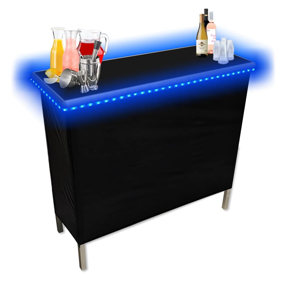 Black Folding Portable Party Bar w/Patented Multi-Color LED Lights, Black Skirt, and Storage Shelf - Single Set
