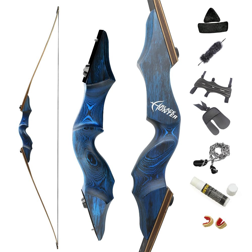 60 Inch Black Hunter Takedown Longbow 20-60lbs Traditional Wood Longbow with Bamboo Core Limbs Right/Left Handed American Hunting Longbow for Outdoor Hunting Shooting (35 Lbs, Blue Bow/Right Handed)