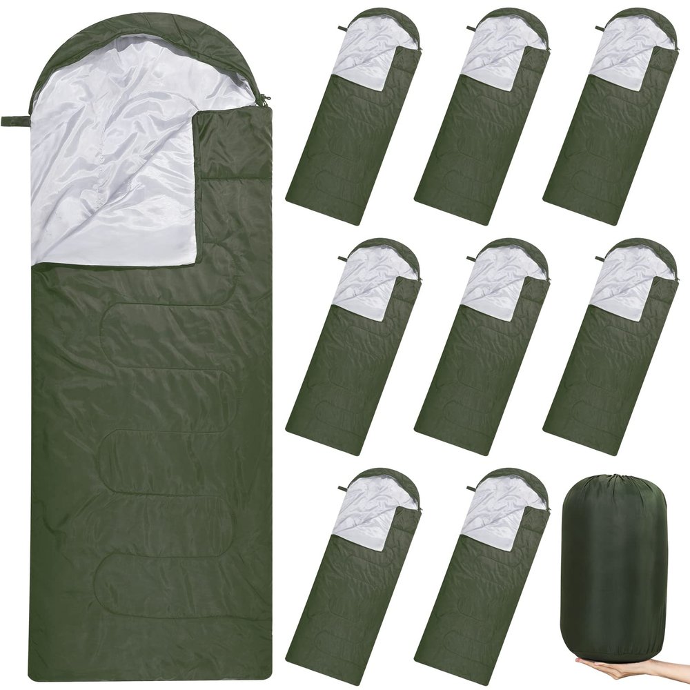 Macarrie 10 Pcs Bulk Sleeping Bags for Homeless Donation Shelter Adults 0 Degree Waterproof Sleeping Bags with Compression Sack for Cold Weather Emergency Hiking Camping Warm(Green)