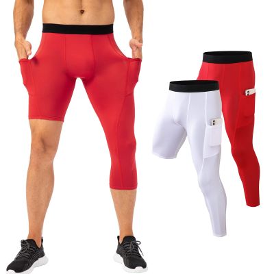 Akkad Kuti Mens One Leg Compression Tights for Basketball 2 Pack Gym Sport Leggings 3/4 Compression Pants with Pockets (White Red, S)