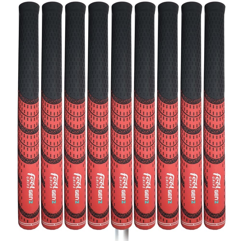 FEEL GRIPS SET OF 9 GEN2 DESIGNER SERIES RED REVERSE TAPER GOLF GRIPS - SAY GOODBYE TO YOUR SLICE!
