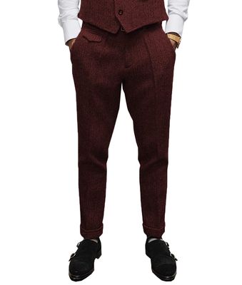 Aesido Mens Pants Herringbone Vintage Dress Pant Hemmed Pleated Suit Pants(Burgundy,36W x 32L)