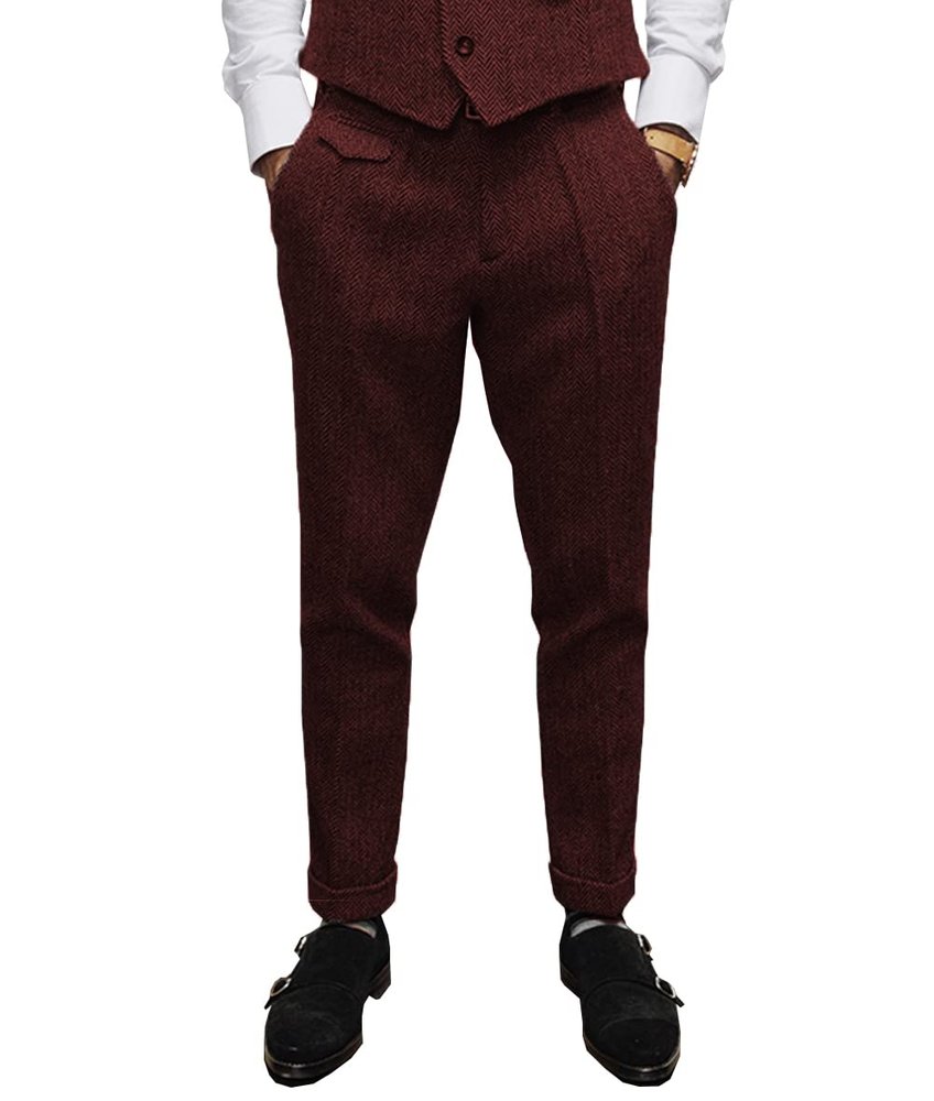 Aesido Mens Pants Herringbone Vintage Dress Pant Hemmed Pleated Suit Pants(Burgundy,36W x 32L)