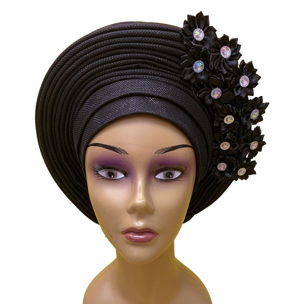 African Headtie Turban Nigerian Muslim Headwear Gele Head Wrap Sego Auto Gele Headties Already Made Women's Headband For Party (Black)