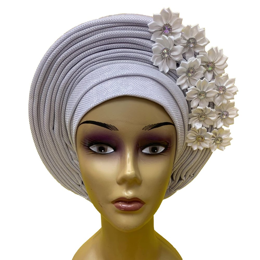 African Headtie Turban Nigerian Muslim Headwear Gele Head Wrap Sego Auto Gele Headties Already Made Women's Headband For Party (Silver)