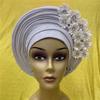 African Headtie Turban Nigerian Muslim Headwear Gele Head Wrap Sego Auto Gele Headties Already Made Women's Headband For Party (Silver) view 2