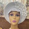 African Headtie Turban Nigerian Muslim Headwear Gele Head Wrap Sego Auto Gele Headties Already Made Women's Headband For Party (Silver) view 3