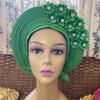 African Headtie Turban Nigerian Muslim Headwear Gele Head Wrap Sego Auto Gele Headties Already Made Women's Headband For Party (Green) view 4