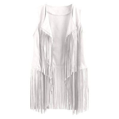 Womens Vintage Western Fringe Vest Tops Classic Suede Leather 70s Cowboy Shirt Sleeveless Tassels Cardigan Jackets White