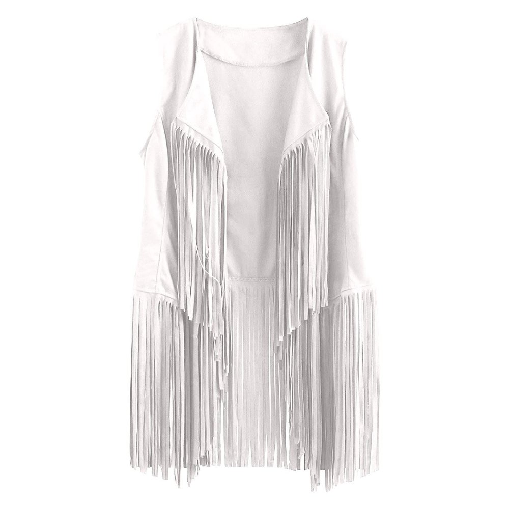 Womens Vintage Western Fringe Vest Tops Classic Suede Leather 70s Cowboy Shirt Sleeveless Tassels Cardigan Jackets White