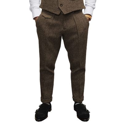 Aesido Mens Pants Herringbone Vintage Dress Pant Hemmed Pleated Suit Pants(Brown,40W x 34L)
