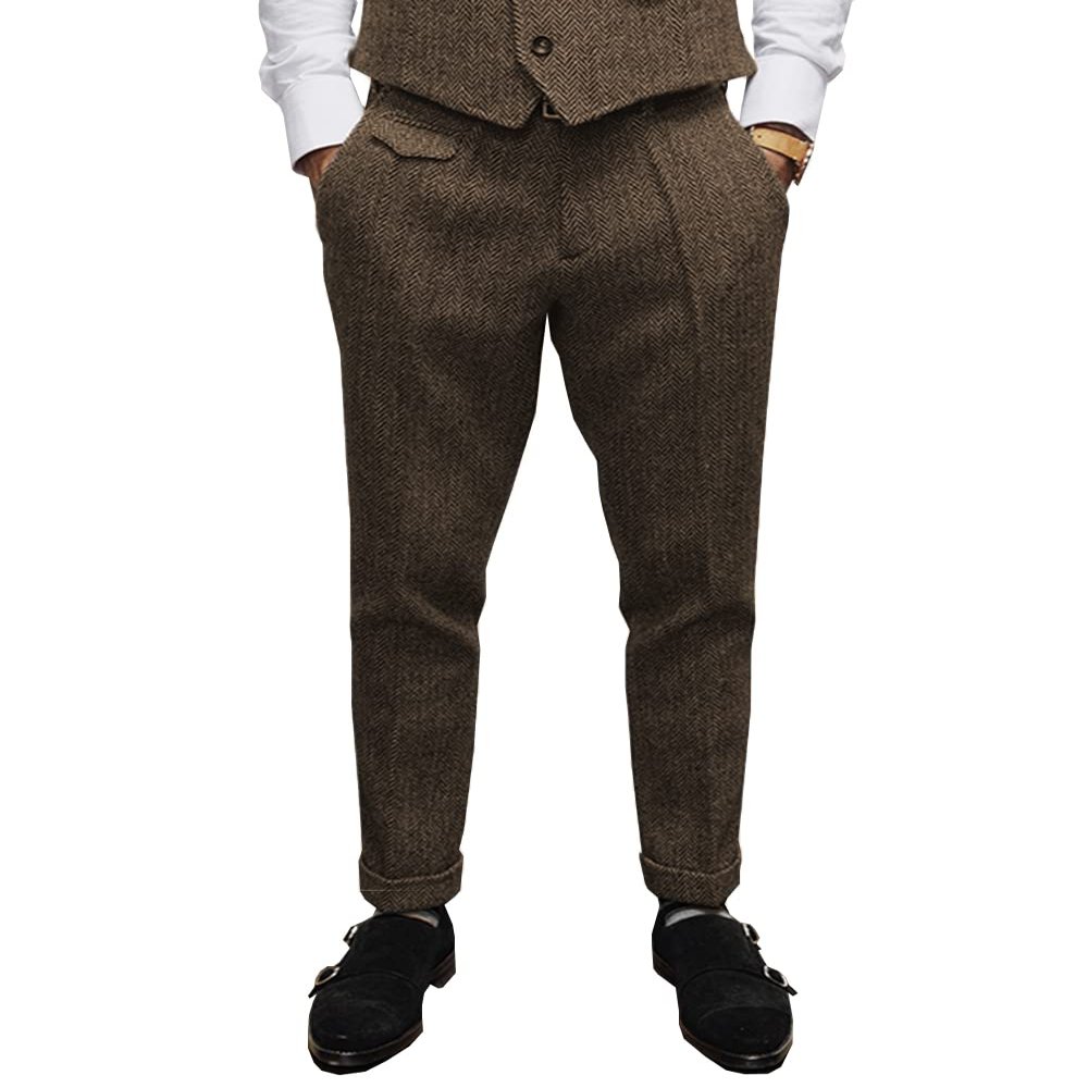 Aesido Mens Pants Herringbone Vintage Dress Pant Hemmed Pleated Suit Pants(Brown,40W x 34L)