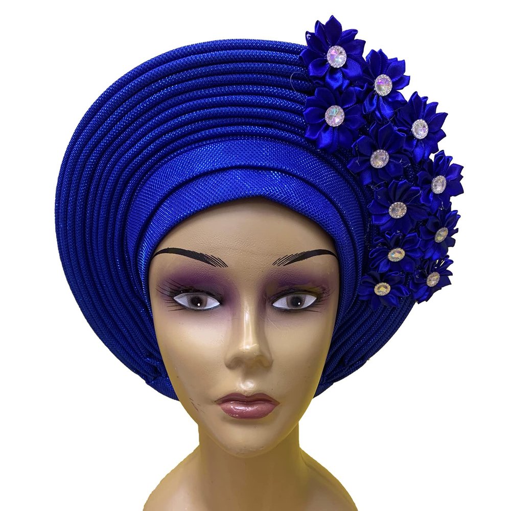 African Headtie Turban Nigerian Muslim Headwear Gele Head Wrap Sego Auto Gele Headties Already Made Women's Headband For Party (Royal Blue)