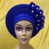 African Headtie Turban Nigerian Muslim Headwear Gele Head Wrap Sego Auto Gele Headties Already Made Women's Headband For Party (Royal Blue) view 2