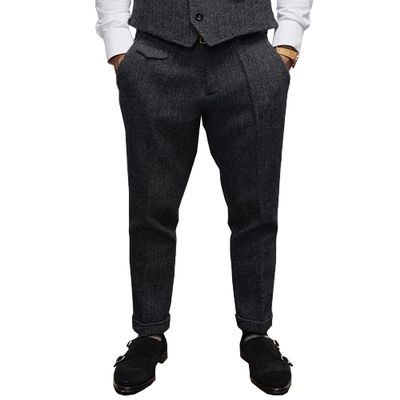 Aesido Mens Pants Herringbone Vintage Dress Pant Hemmed Pleated Suit Pants(Black,32W x 30L)