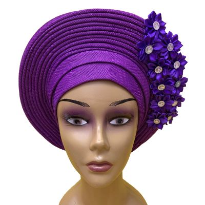 African Headtie Turban Nigerian Muslim Headwear Gele Head Wrap Sego Auto Gele Headties Already Made Women's Headband For Party (Purple)