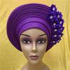 African Headtie Turban Nigerian Muslim Headwear Gele Head Wrap Sego Auto Gele Headties Already Made Women's Headband For Party (Purple) view 2
