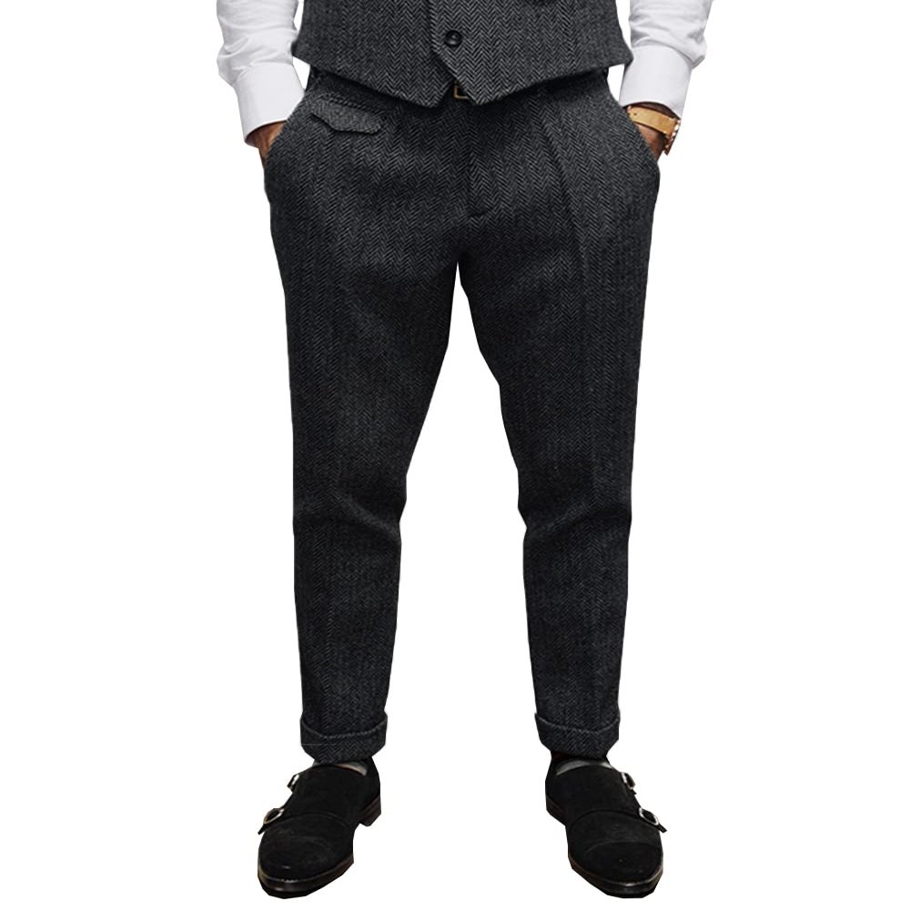 Aesido Mens Pants Herringbone Vintage Dress Pant Hemmed Pleated Suit Pants(Black,40W x 34L)