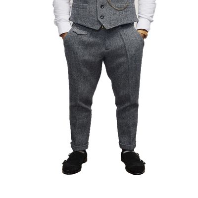 Aesido Mens Pants Herringbone Vintage Dress Pant Hemmed Pleated Suit Pants(Silver,32W x 30L)