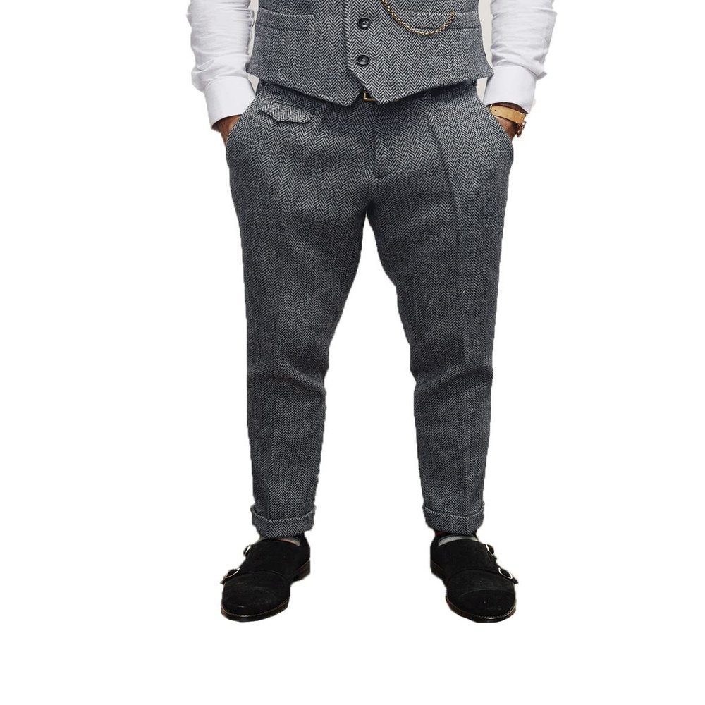 Aesido Mens Pants Herringbone Vintage Dress Pant Hemmed Pleated Suit Pants(Silver,32W x 30L)