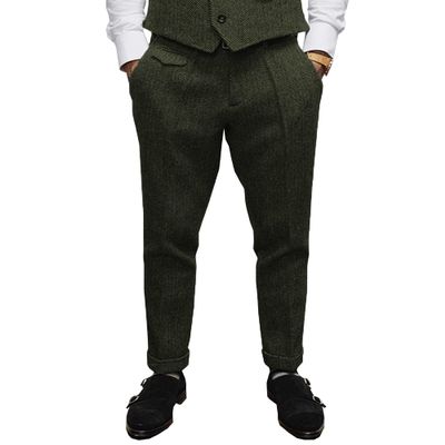 Aesido Mens Pants Herringbone Vintage Dress Pant Hemmed Pleated Suit Pants(Army Green,34W x 32L)