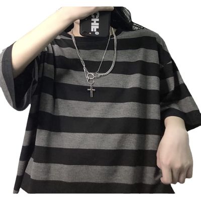CEINOM Harajuku Striped Shirts Women Short Sleeve Oversized Shirt Streetwear Gothic T Shirt Couple Tops Summer Striped Blouse (Grey,M,Medium)