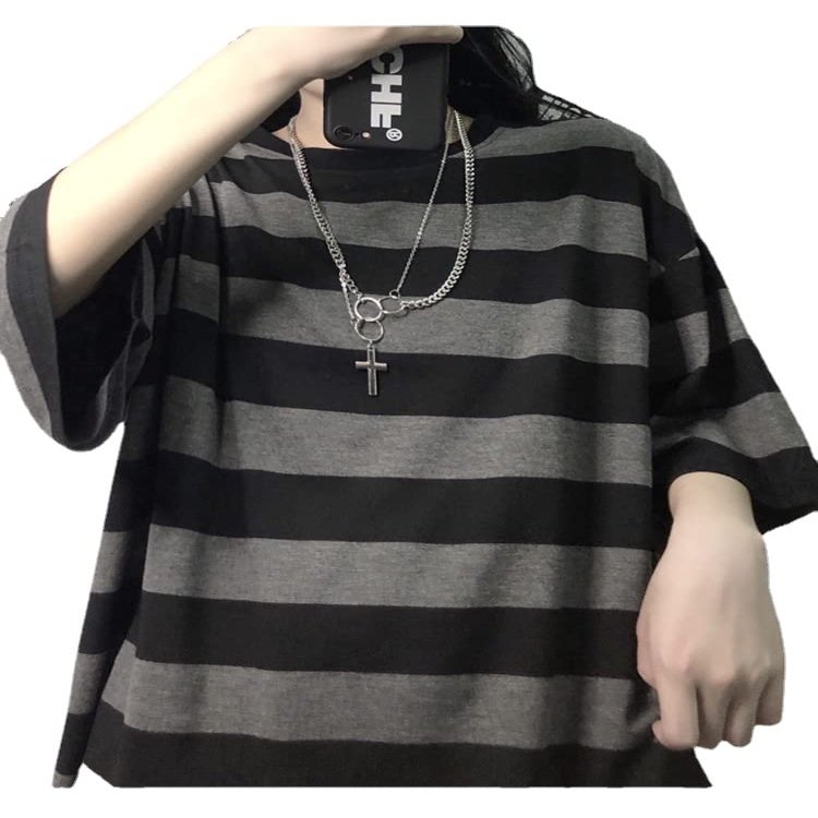CEINOM Harajuku Striped Shirts Women Short Sleeve Oversized Shirt Streetwear Gothic T Shirt Couple Tops Summer Striped Blouse (Grey,M,Medium)