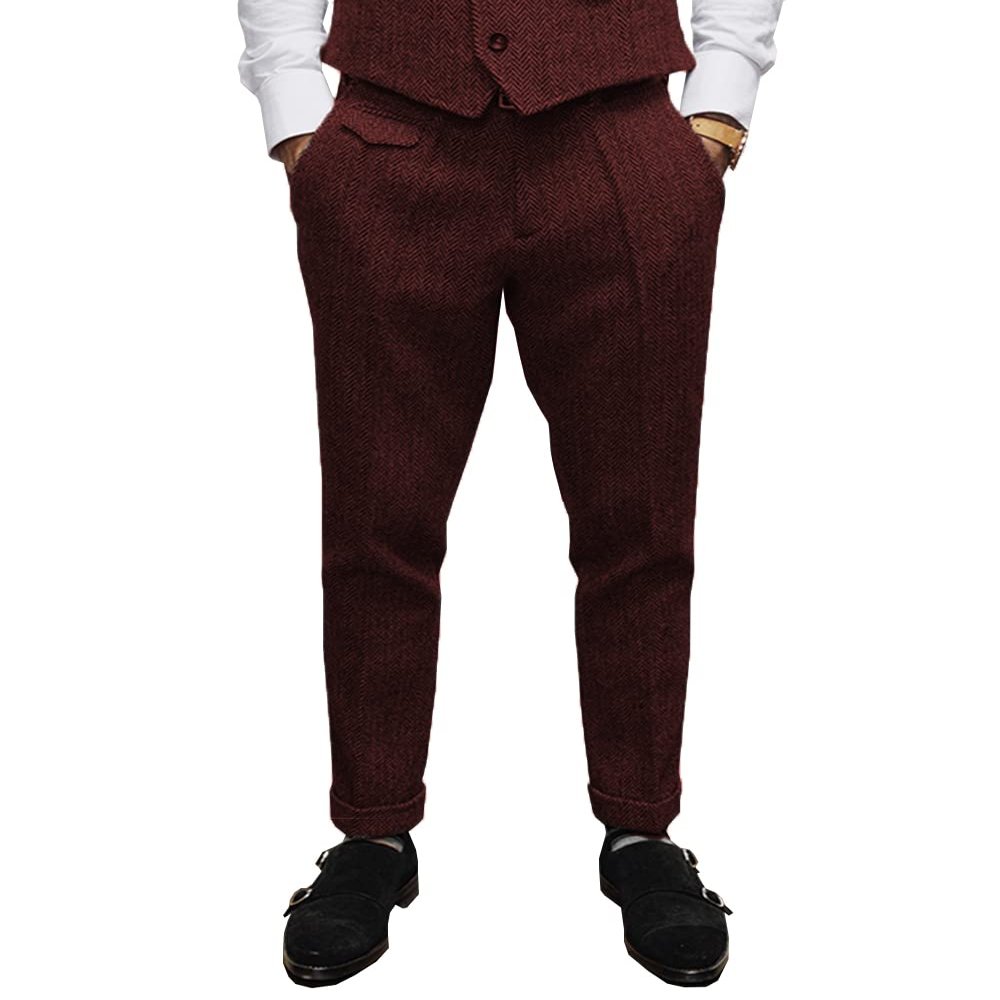 Aesido Mens Pants Herringbone Vintage Dress Pant Hemmed Pleated Suit Pants(Burgundy,40W x 34L)