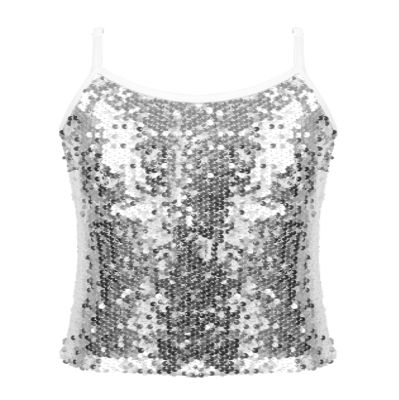 Fldy Kids Girls Adjustable Spaghetti Shoulder Straps Sparkly Sequined Tank Top for Dancing Stage Performance White 14 Years