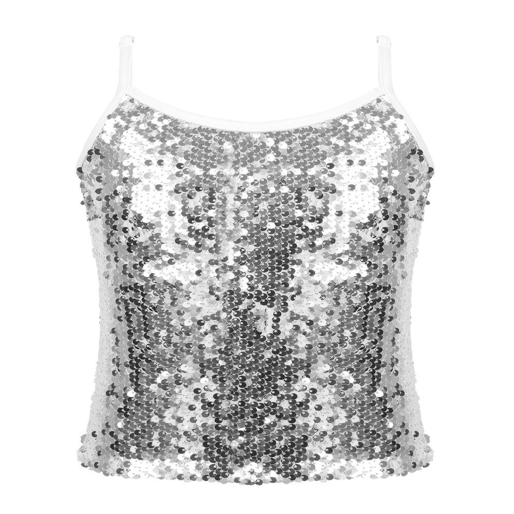 Fldy Kids Girls Adjustable Spaghetti Shoulder Straps Sparkly Sequined Tank Top for Dancing Stage Performance White 14 Years
