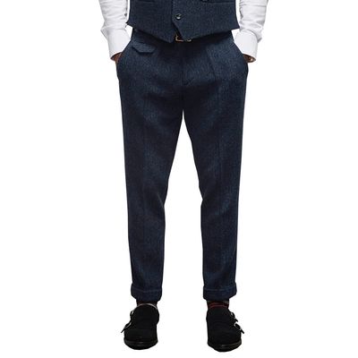 Aesido Mens Pants Herringbone Vintage Dress Pant Hemmed Pleated Suit Pants(Navy,40W x 32L)