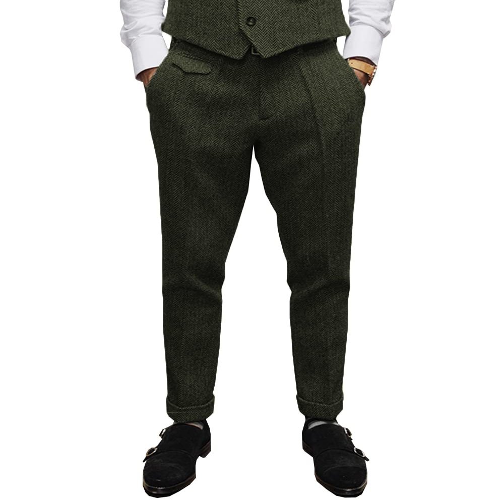 Aesido Mens Pants Herringbone Vintage Dress Pant Hemmed Pleated Suit Pants(Army Green,32W x 32L)