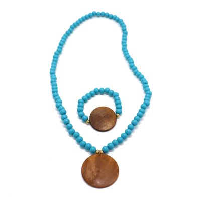 COLORFUL BLING Vintage Wooden Beaded Necklaces Chunky Round Pendant Bracelet Sweater Strand Necklace for Woman Boho Ethnic Handmade Jewelry Set-blue