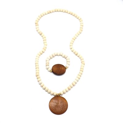 COLORFUL BLING Vintage Wooden Beaded Necklaces Chunky Round Pendant Bracelet Sweater Strand Necklace for Woman Boho Ethnic Handmade Jewelry Set-light