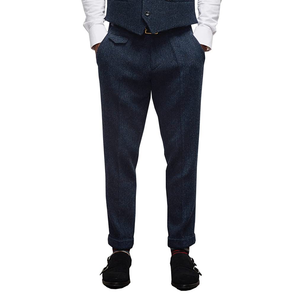 Aesido Mens Pants Herringbone Vintage Dress Pant Hemmed Pleated Suit Pants(Navy,38W x 32L)