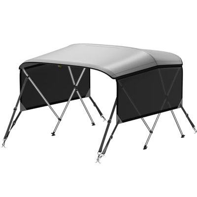 KAKIT Bimini Tops with Mesh Sidewalls Support Poles for Boats Marine Grade Canvas Top Includes 2 Straps Storage Boot 1 Inch Aluminum Frame(3 Bow 6'L x 46" H x 61"-66" W,Dark Gray)