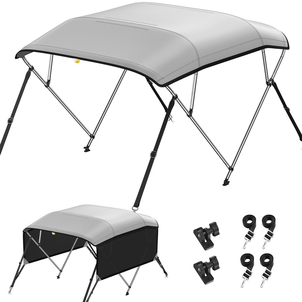 KAKIT Bimini Tops for Boats with Mesh Sides Heavy Duty Cover Adjustable 4 Straps Zippered Storage Boot(4 Bow 8'L x 54" H x 91"-96" W,Dark Gray)