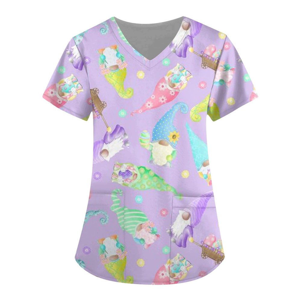 St. Patrick's Day Scrub Tops Women Easter Scrubs Nurse Working Uniforms Print V Neck Short Sleeve Medical Scrub Shirts
