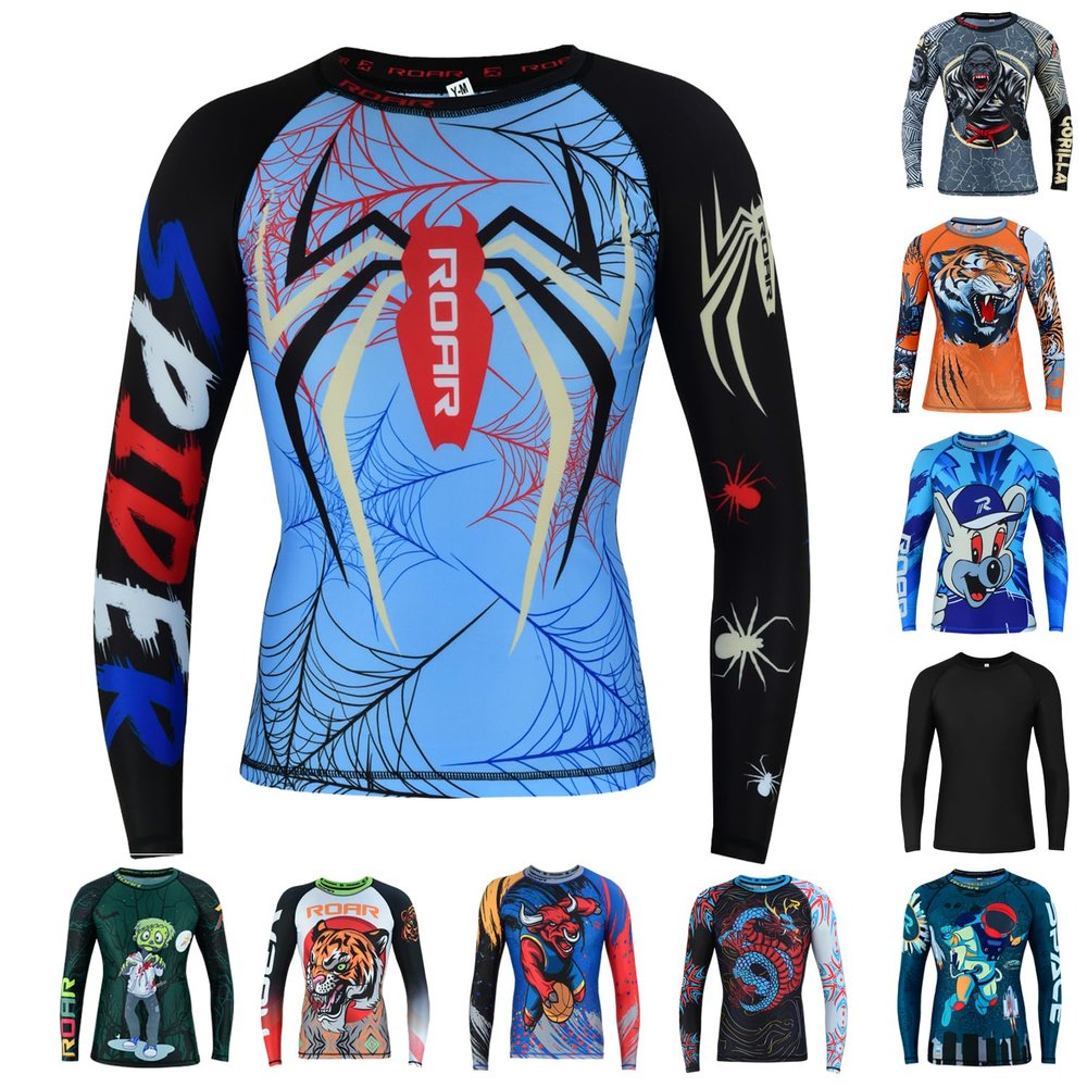 Roar BJJ Kid's MMA Rash Guard Training No-Gi and Gi Jiu Jitsu Rashguard MMA Grappling Compression Shirts Wrestling (US, Alpha, X-Large, Regular, Spider)