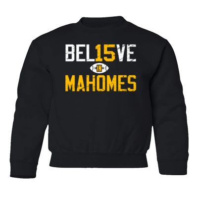 Believe in Mahomes Kansas City 15 Quarterback Youth Crewneck Sweatshirt (Black, Youth X-Large)