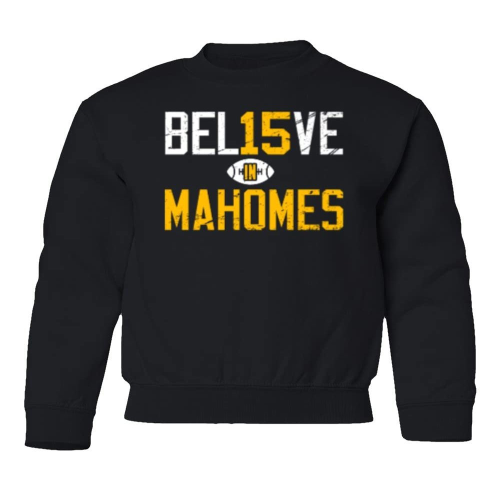 Believe in Mahomes Kansas City 15 Quarterback Youth Crewneck Sweatshirt (Black, Youth X-Large)