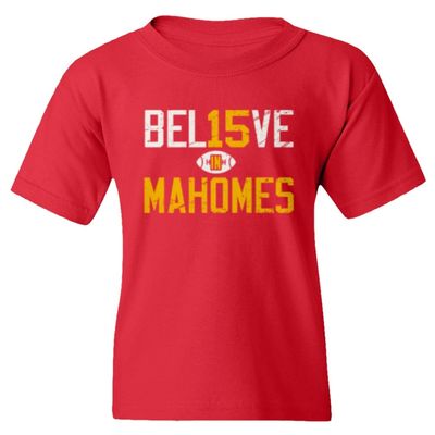 Believe in Mahomes Kansas City 15 Quarterback Youth Unisex T-Shirt (Red, Youth X-Large)