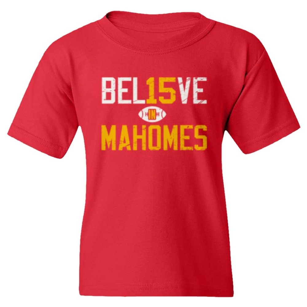 Believe in Mahomes Kansas City 15 Quarterback Youth Unisex T-Shirt (Red, Youth X-Large)