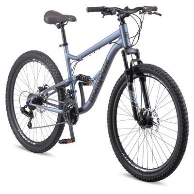 Mongoose Status Mountain Bike, 26 Inch Bike for Men and Women, 21 Speed, Aluminum Suspension Frame, Steel Rear Triangle, Suspension Fork, Knobby Mountain Tires, Mechanical Disc Brakes, Adult Bicycle