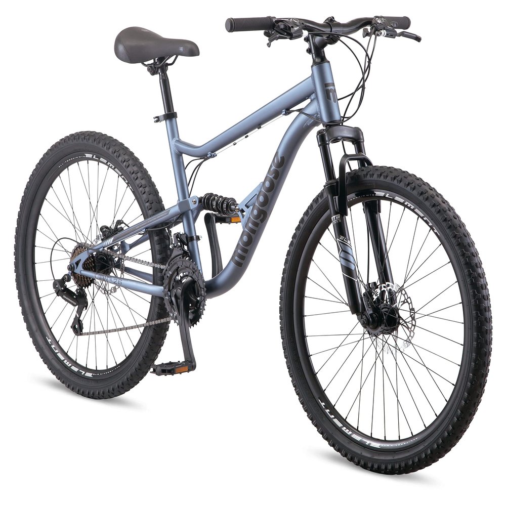 Mongoose Status Mountain Bike, 26 Inch Bike for Men and Women, 21 Speed, Aluminum Suspension Frame, Steel Rear Triangle, Suspension Fork, Knobby Mountain Tires, Mechanical Disc Brakes, Adult Bicycle